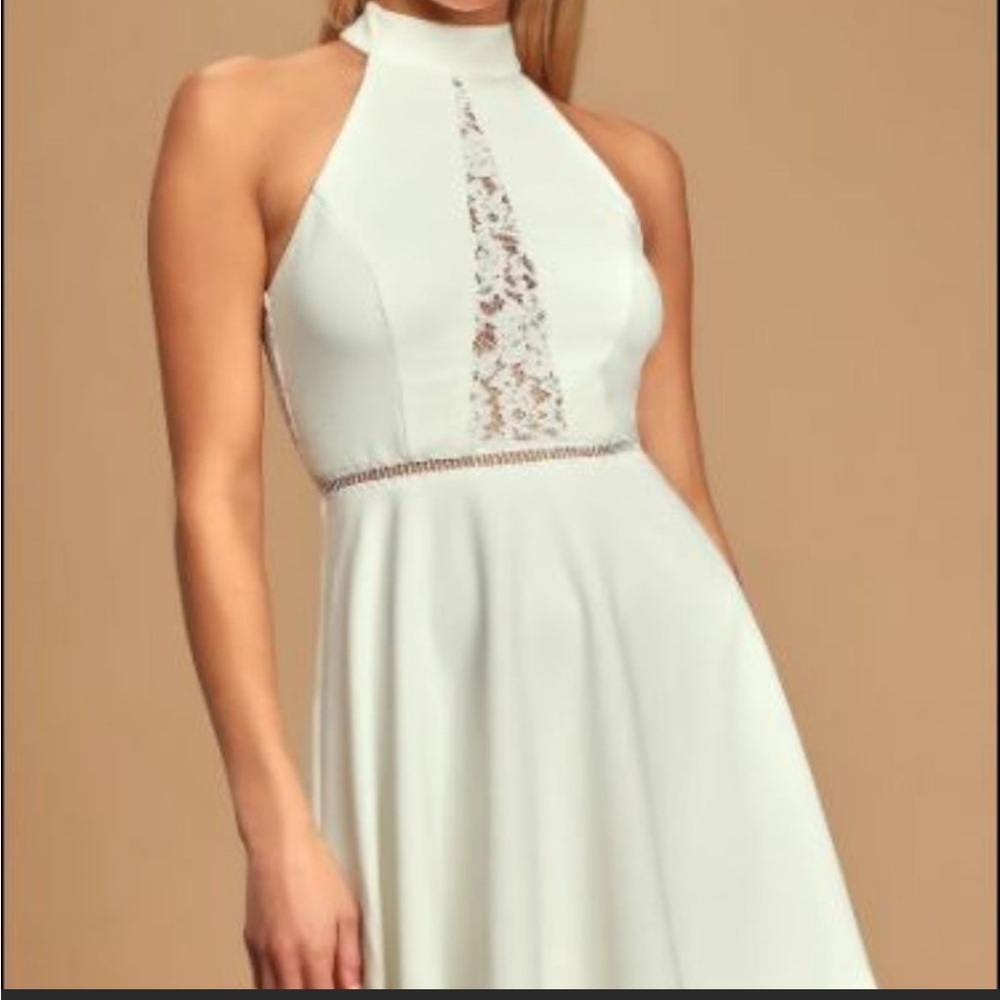 Lulus White Halter Neck Lace Open Back Dress